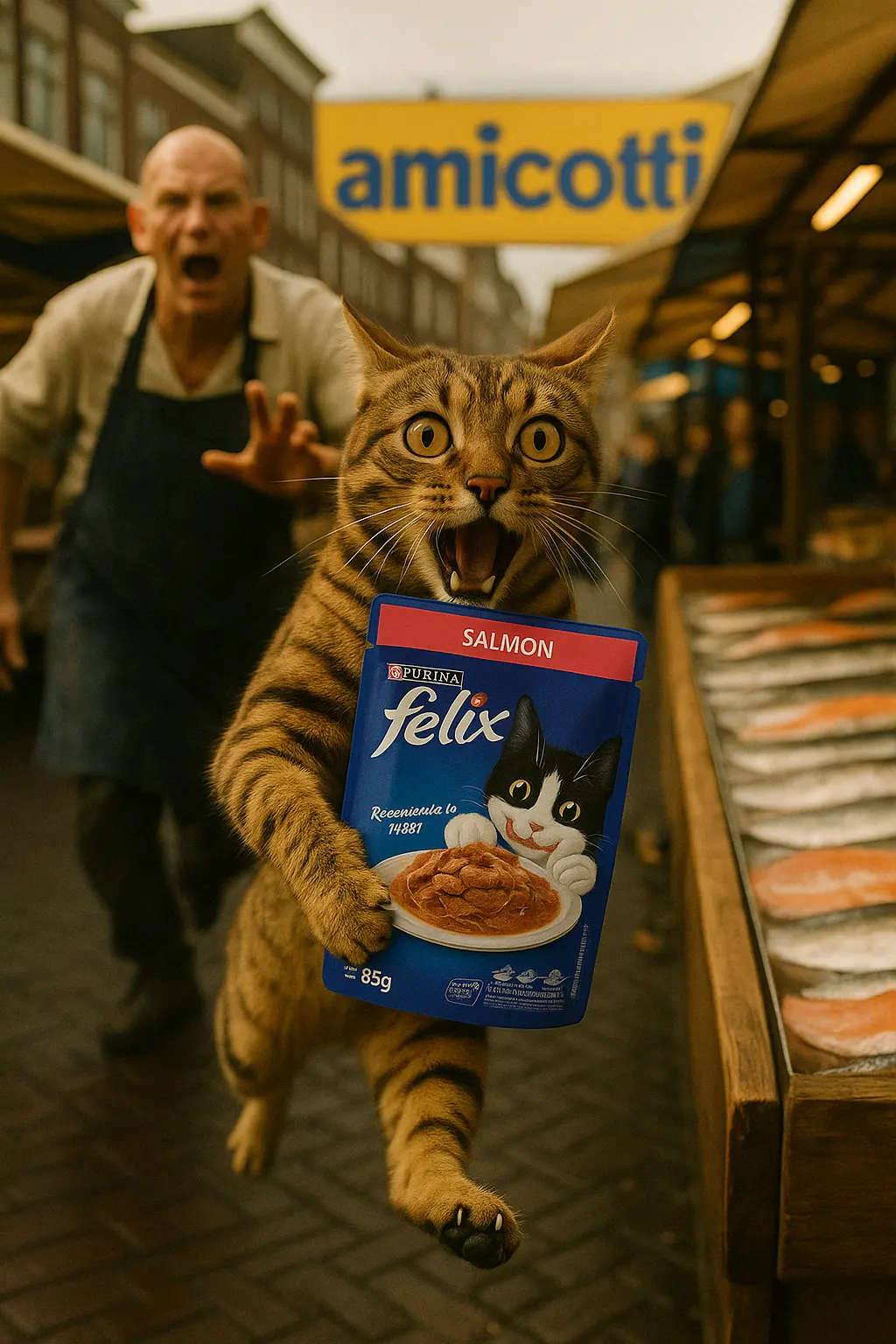 Gato feliz sosteniendo producto en mercado Amicotti